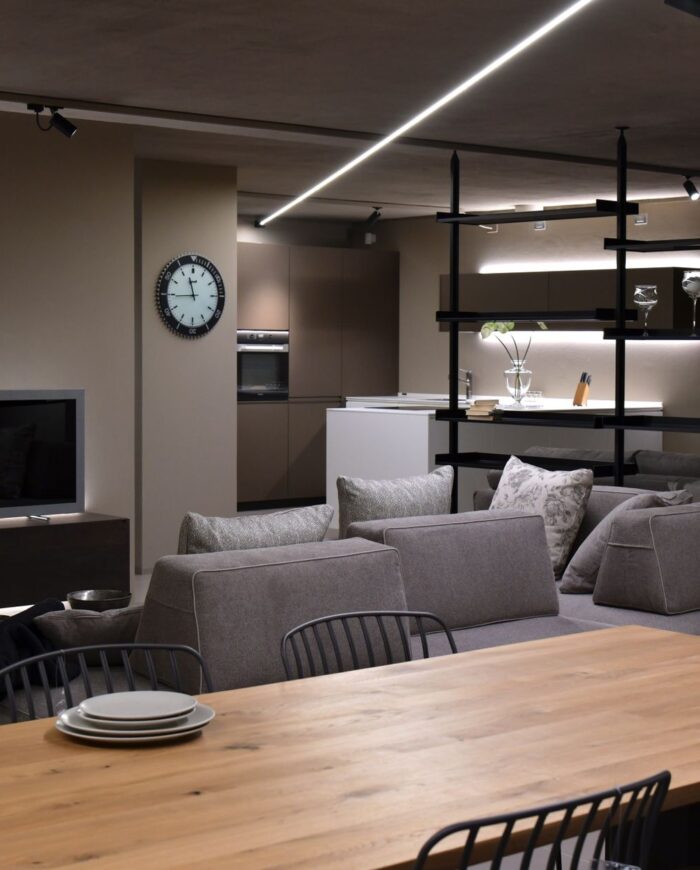 Contemporary living room with stylish furniture in Rizza, Veneto, Italy.